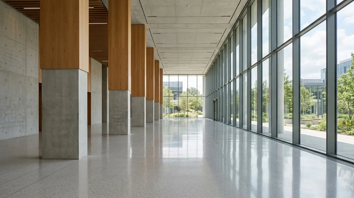 Minimalist modern commercial building lobby with terrazzo floors and floor-to-ceiling glass curtain walls