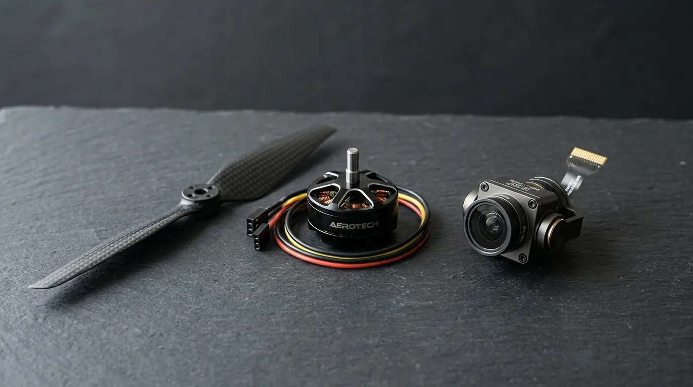 Commercial drone hardware components, carbon-fiber propeller, brushless motor, and optical camera module on dark slate