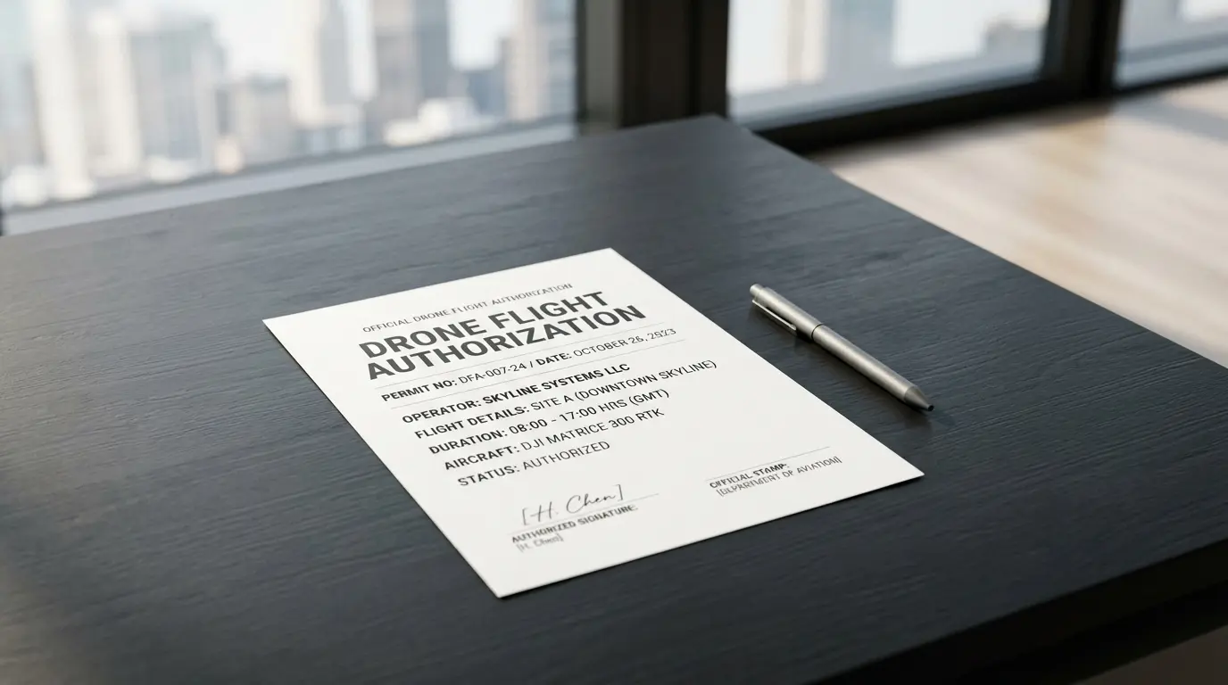 Official drone flight authorization permit document lying on a modern minimalist office desk with a pen