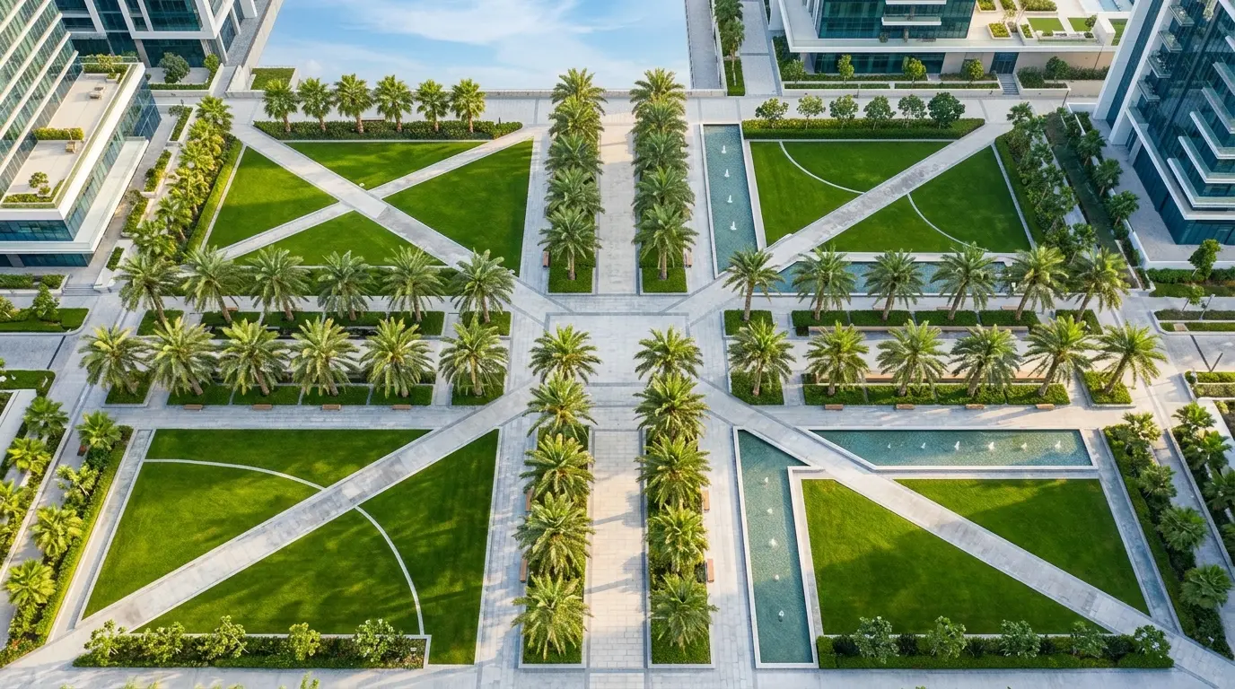 Aerial view of manicured urban park landscaping, palm trees, and green lawns in morning sunlight
