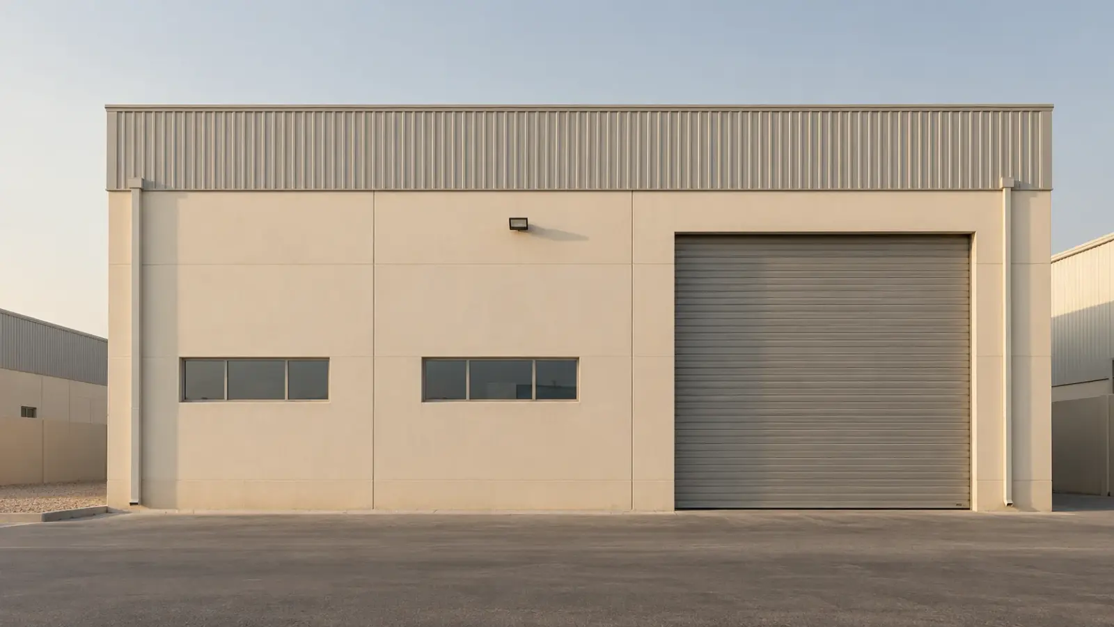 AI-generated illustration of a simple industrial warehouse facade, not a photograph of an EYE project